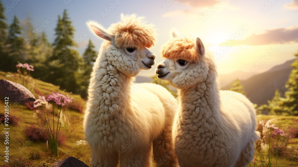 Hyper realistic two super cute alpacas in love, kissing, green field background created with Generative Ai