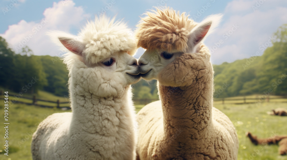 Fototapeta premium Hyper realistic two super cute alpacas in love, kissing, green field background created with Generative Ai