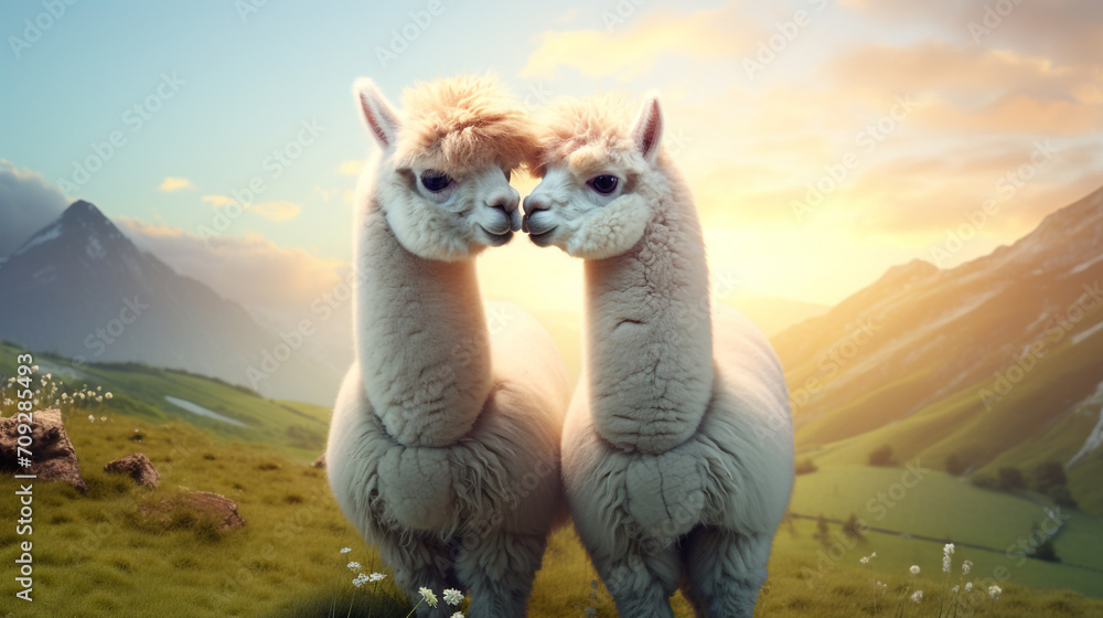 Fototapeta premium Hyper realistic two super cute alpacas in love, kissing, green field background created with Generative Ai