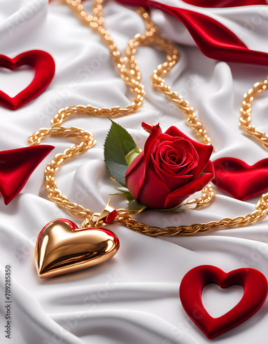 Golden love heart necklace surrounding natural red rose flower on white taffeta velvet