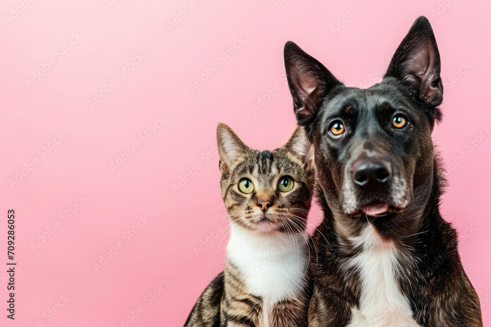Dog and cat sitting together on pink background and looking at camera. Pets posing. Friendship between dog and cat.