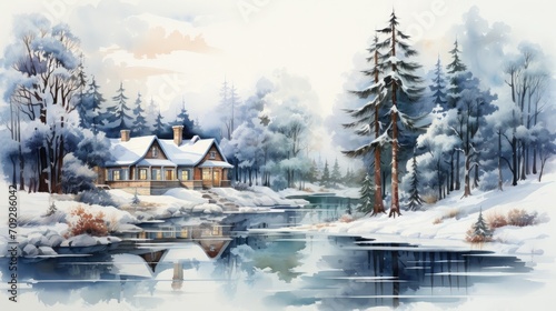 Watercolor winter house with pine tree forest illustration background © pixeness