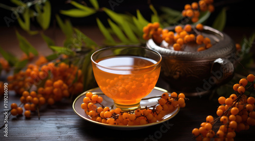 Sea buckthorn tea in a transparent glass teapot and cups with fresh berries and sea buckthorn leaves. Herbal vitamin tea. Soft sunlight. photo