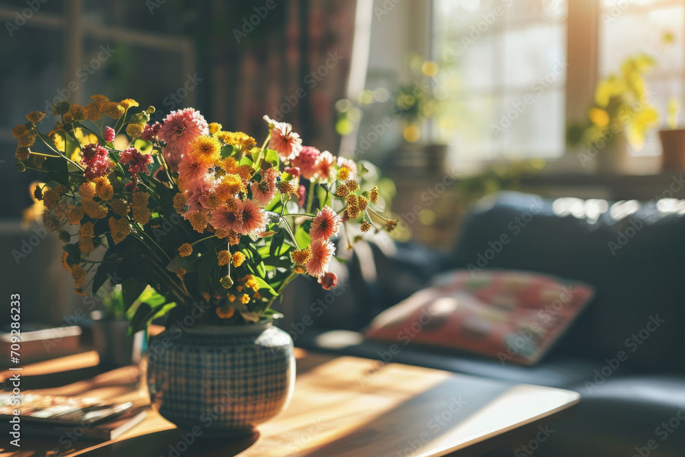 Spring flowers bouquet in vase on table in living room with morning sun light. Stylish apartment interior with blooming flowers - obrazy, fototapety, plakaty 