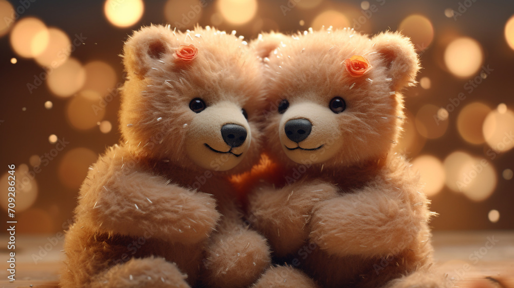 Hyper realistic two super cute teddy bears hugging, papercut hearts, confetti created with Generative Ai Hyper realistic two super cute teddy bears hugging, papercut hearts, confetti created with Generative Ai