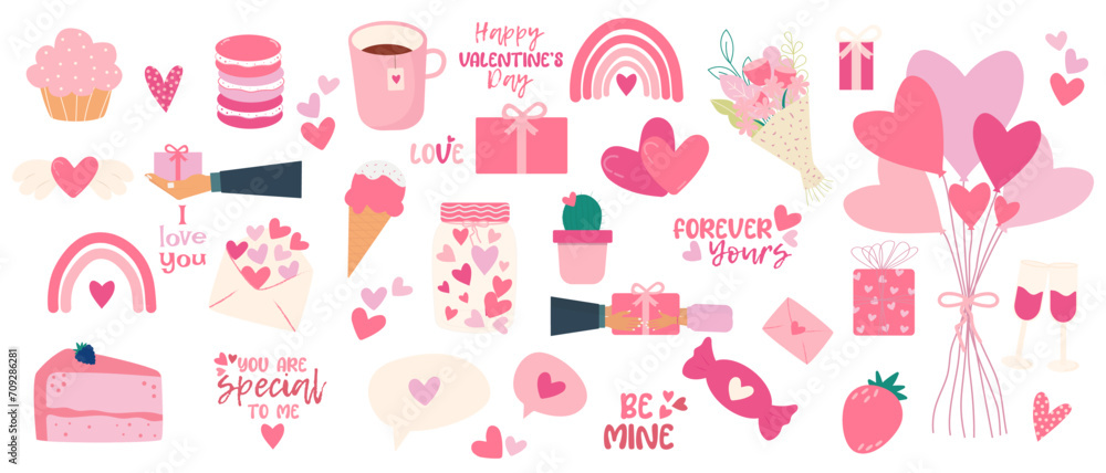 Valentine's day elements set. Gift, heart, candy, and others for decorative. Sticker cartoon style. Vector illustration. Valentine's day elements set. Gift, heart, candy, and others for decorative. Sticker cartoon style. Vector illustration.