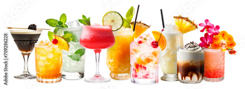 Set and collection of classic alcohol cocktails or mocktail isolated on white background with fresh summer fruits