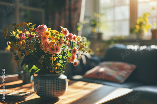Spring flowers bouquet in vase on table in living room with morning sun light. Stylish apartment interior with blooming flowers photo