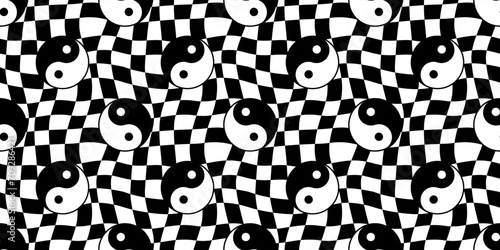 Ying yang symbol checkered seamless pattern illustration. Vintage psychedelic groovy yoga background. Black and white wallpaper print, trendy wavy checker board peace texture.