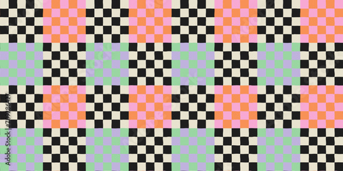Colorful trendy checker board square seamless pattern illustration. Groovy geometric checkered background in vintage style. 