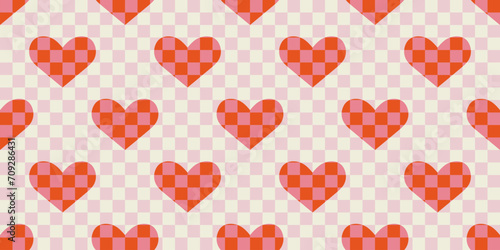 Red love heart seamless pattern illustration. Checkered romantic pink hearts background print. Valentine's day holiday backdrop texture, romantic wedding design.