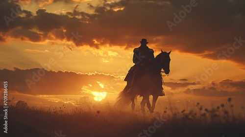 a man riding a horse in a field with a sunset