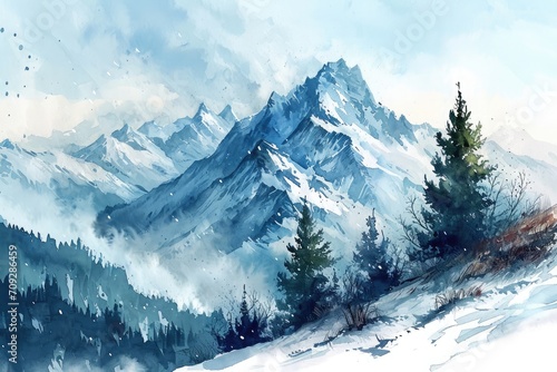 Watercolor winter mountain with pine forest illustration background © pixeness