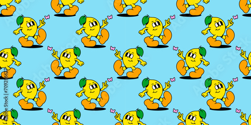 Vintage lemon fruit cartoon character seamless pattern. Trendy retro food mascot background. Groovy wallpaper print texture in 70s art style.