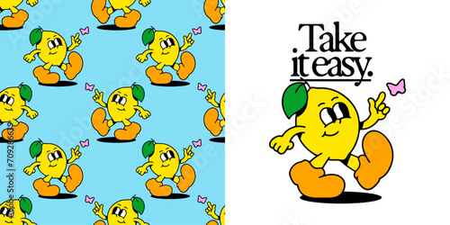 Vintage lemon fruit cartoon character seamless pattern. Trendy retro food mascot background. Groovy wallpaper print texture in 70s art style.