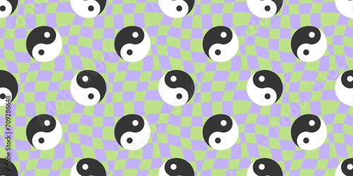 Ying yang symbol checkered seamless pattern illustration. Vintage psychedelic groovy yoga background. Asian culture wallpaper print, trendy wavy checker board peace texture.