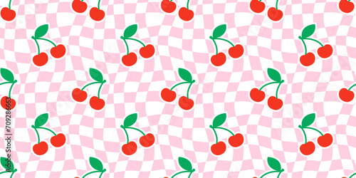 Cherry fruit checkered seamless pattern illustration. Vintage psychedelic groovy cherries background. Cute wallpaper print, trendy wavy checker board food texture.