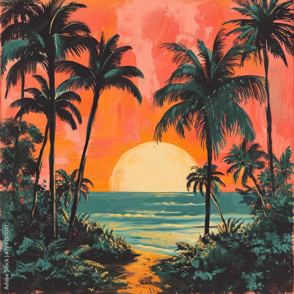 a painting of a beach with palm trees and a sunset