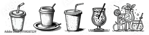 A set of drawings as icons. A cup with a straw Graphics vector graphics.