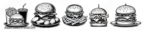 A set of drawings as icons. The burger is on the plate. Graphics vector graphics.