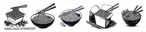 A set of drawings as icons. Chinese noodles on a plate. Graphics vector graphics. photo