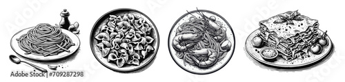 A set of drawings as icons. pasta spaghetti lasagna are on the plate. Graphics vector graphics.