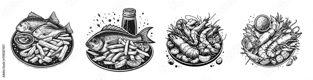 A set of drawings as icons. fish or seafood, shrimp and others are on the plate. Graphics vector graphics. - obrazy, fototapety, plakaty 