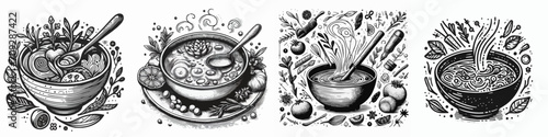 A set of drawings as icons. pour the soup in a bowl. Graphics vector graphics.