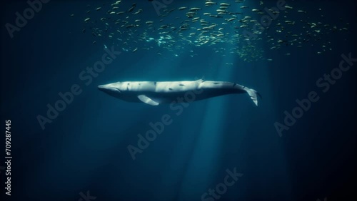 A whale swimming in the ocean with a lot of fish around it photo