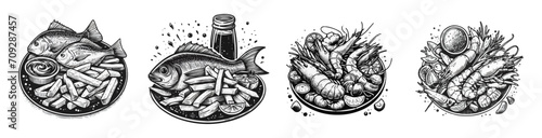 A set of drawings as icons. fish or seafood, shrimp and others are on the plate. Graphics vector graphics.