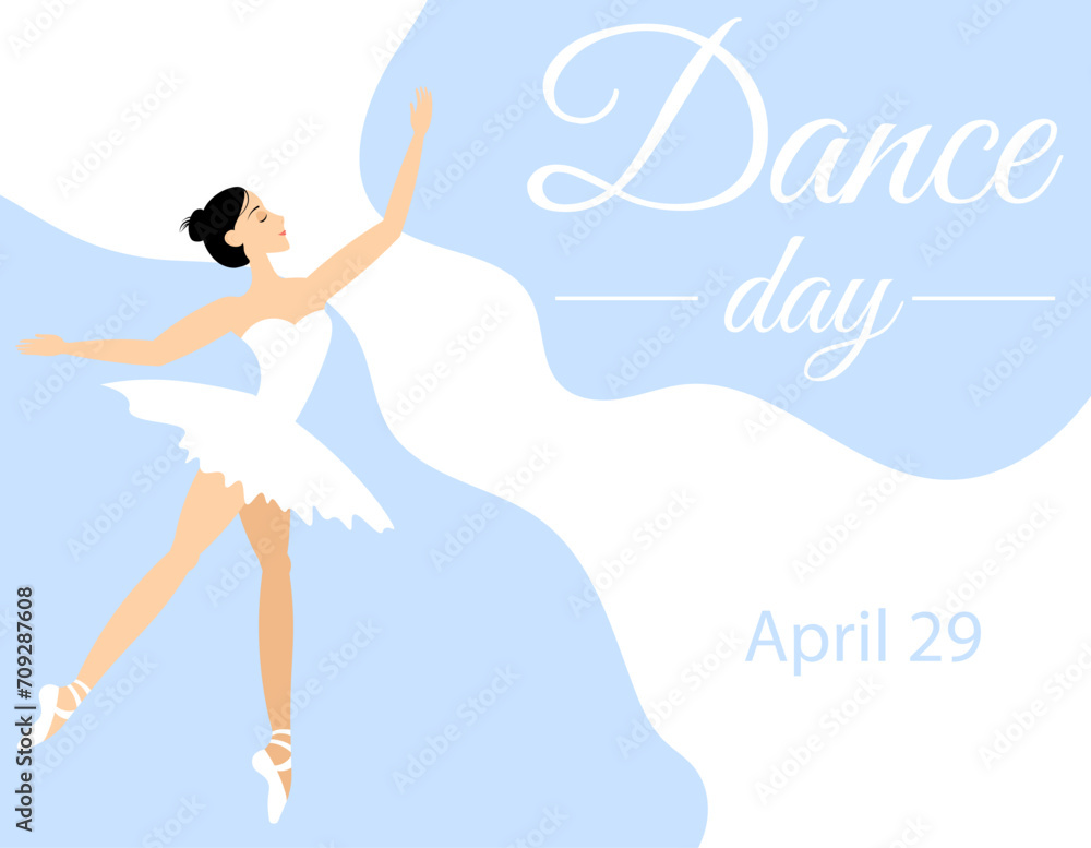 International Dance Day. Ballerina in white on a light blue background. International Dance Day. Ballerina in white on a light blue background.