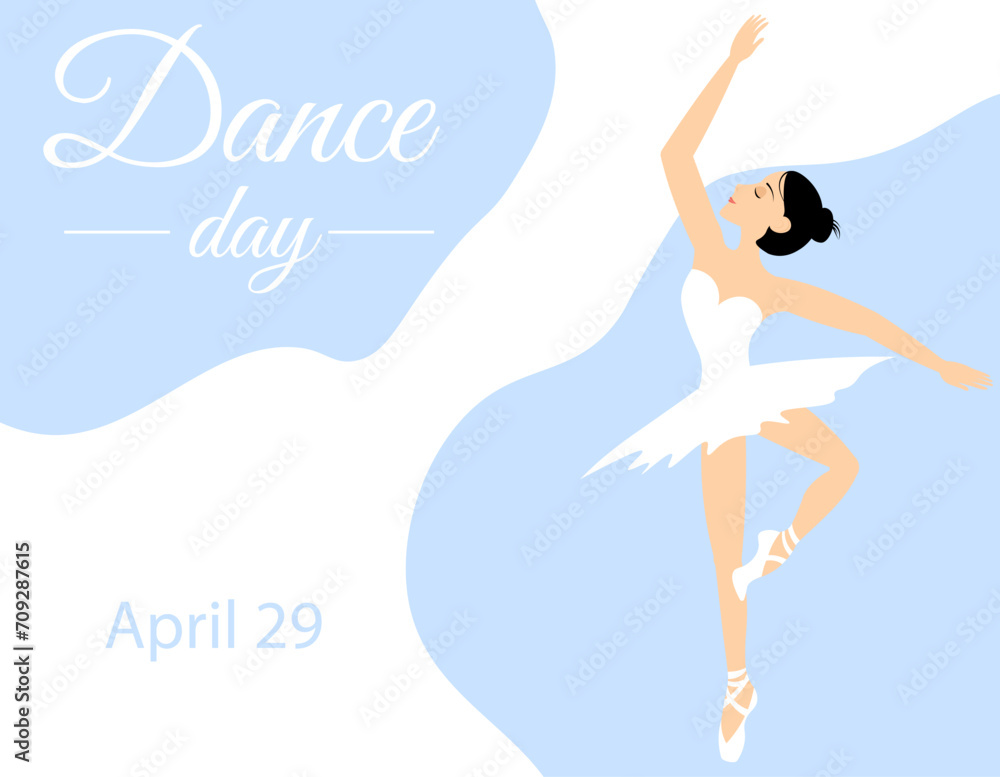 International Dance Day. A ballerina in white performs on a light blue background. International Dance Day. A ballerina in white performs on a light blue background.
