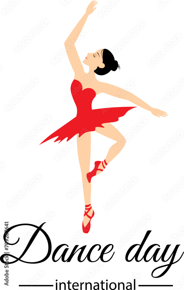 International Dance Day. Young ballerina in red on a white background.
