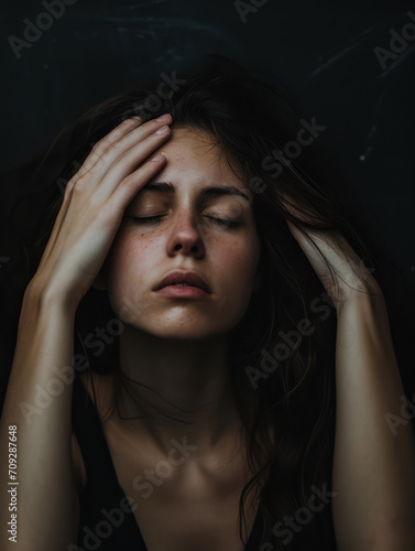 a woman with a bad headache with her eyes closed