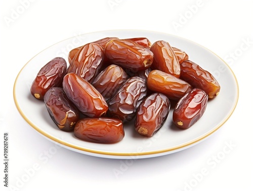 Close up Dried dates in plate isolated in transparent background.