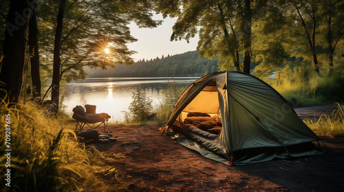 Illustration of a camping in the forest. Concept of leisure time