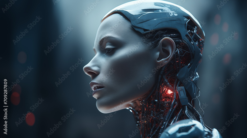 Weiblicher Android / Künstliche Intelligenz / Roboter blickt nachdenklich. Profil. Kühle ruhige Stimmung. Closeup. Illustration - obrazy, fototapety, plakaty 