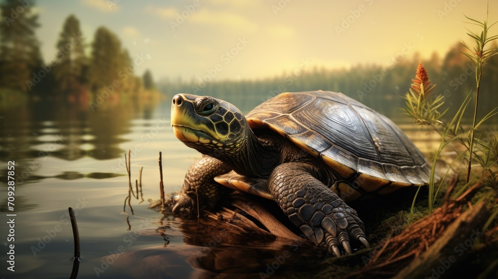 Obraz premium A big turtle, a beautiful shell. A group of wild turtles in the lake. Turtles sit on a rock and bask in the sun. Wildlife, zoo, nature reserve.