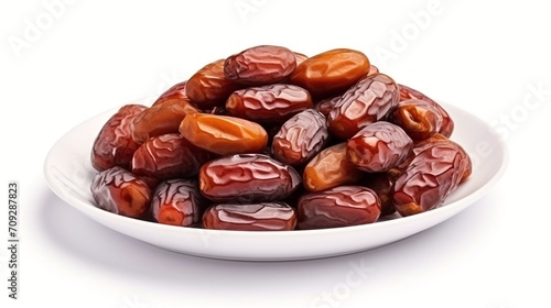Close up Dried dates in plate isolated in transparent background.
