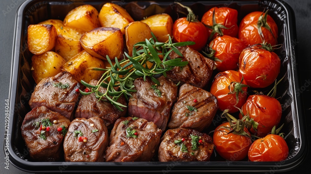 Food in a black divided catering plastic box, black clean background, top view, steak and vegetables meal. food photography Food in a black divided catering plastic box, black clean background, top view, steak and vegetables meal. food photography