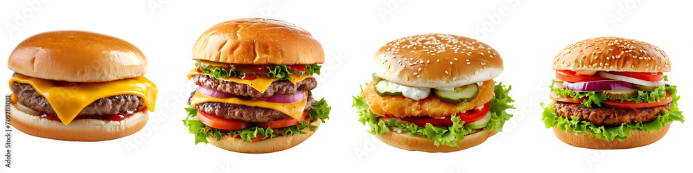 Set of Burgers Including Cheeseburger, Double Cheeseburger, Mackfirst, and Veggie Cheese on Transparent Background Set of Burgers Including Cheeseburger, Double Cheeseburger, Mackfirst, and Veggie Cheese on Transparent Background
