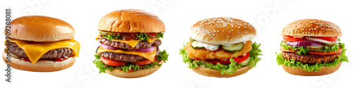 Set of Burgers Including Cheeseburger, Double Cheeseburger, Mackfirst, and Veggie Cheese on Transparent Background