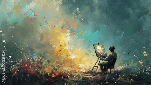 Painting of a man sitting on a chair and painting the landscape
