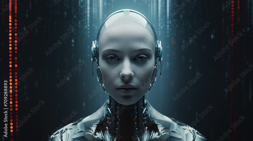 Weiblicher Android / Künstliche Intelligenz / Roboter Frau blickt emotionslos. Kühle ruhige Stimmung.  Illustration - obrazy, fototapety, plakaty 