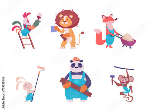 Animal builders. Funny wild animal workers with professional equipment exact vector cartoon pictures