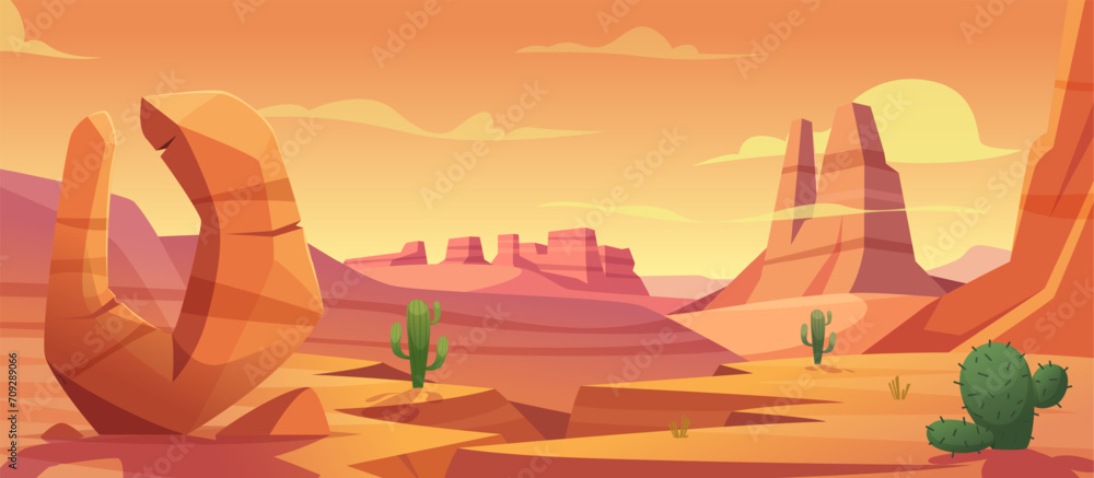 Dessert landscape. Cartoon wild background with desert cliffs exact vector sahara landscape - obrazy, fototapety, plakaty 