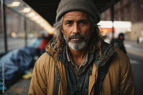 homeless man sitting on the street