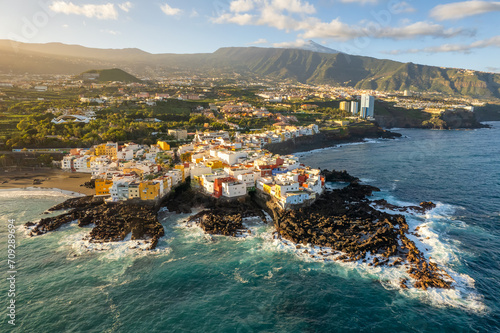 Aerial view of the Tenerife island coast at sunrise, Canary Islands, Spain.