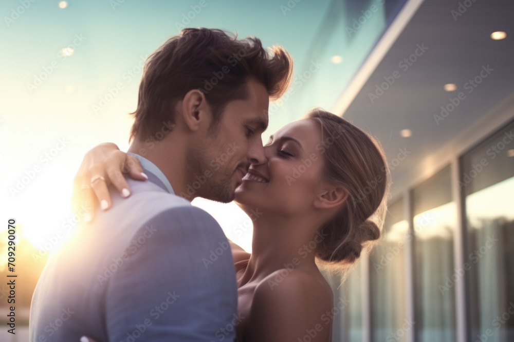 A loving couple shares a tender embrace, faces close, at sunset. A loving couple shares a tender embrace, faces close, at sunset.