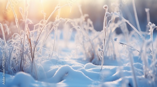 Winter season outdoors landscape  frozen plants in nature on the ground covered with ice and snow  under the morning sun - Seasonal background for Christmas wishes and greeting
